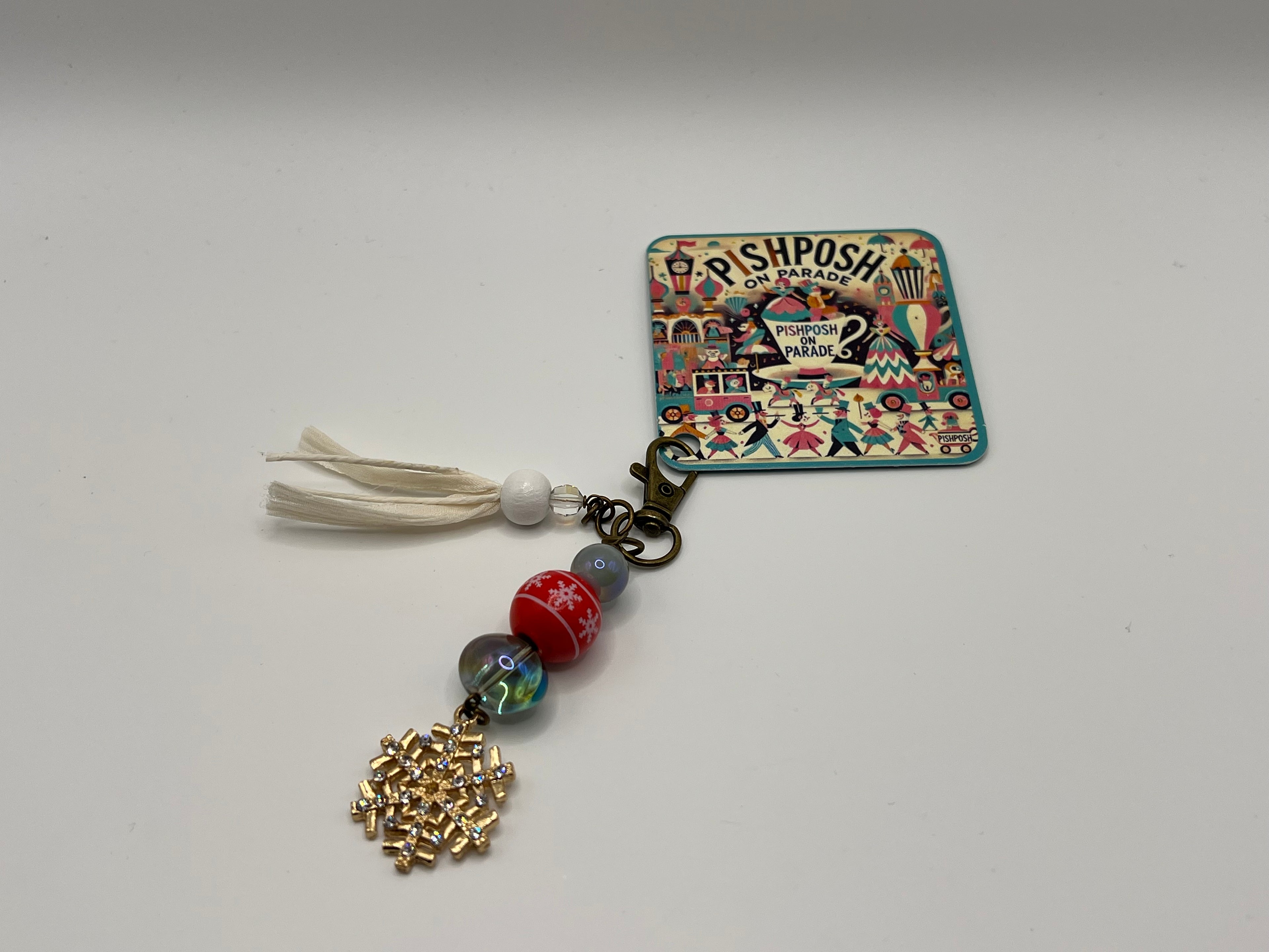 Gold Rhinestone Snowflake with Nordic Red Bead - Charm / Bag Zipper Pull