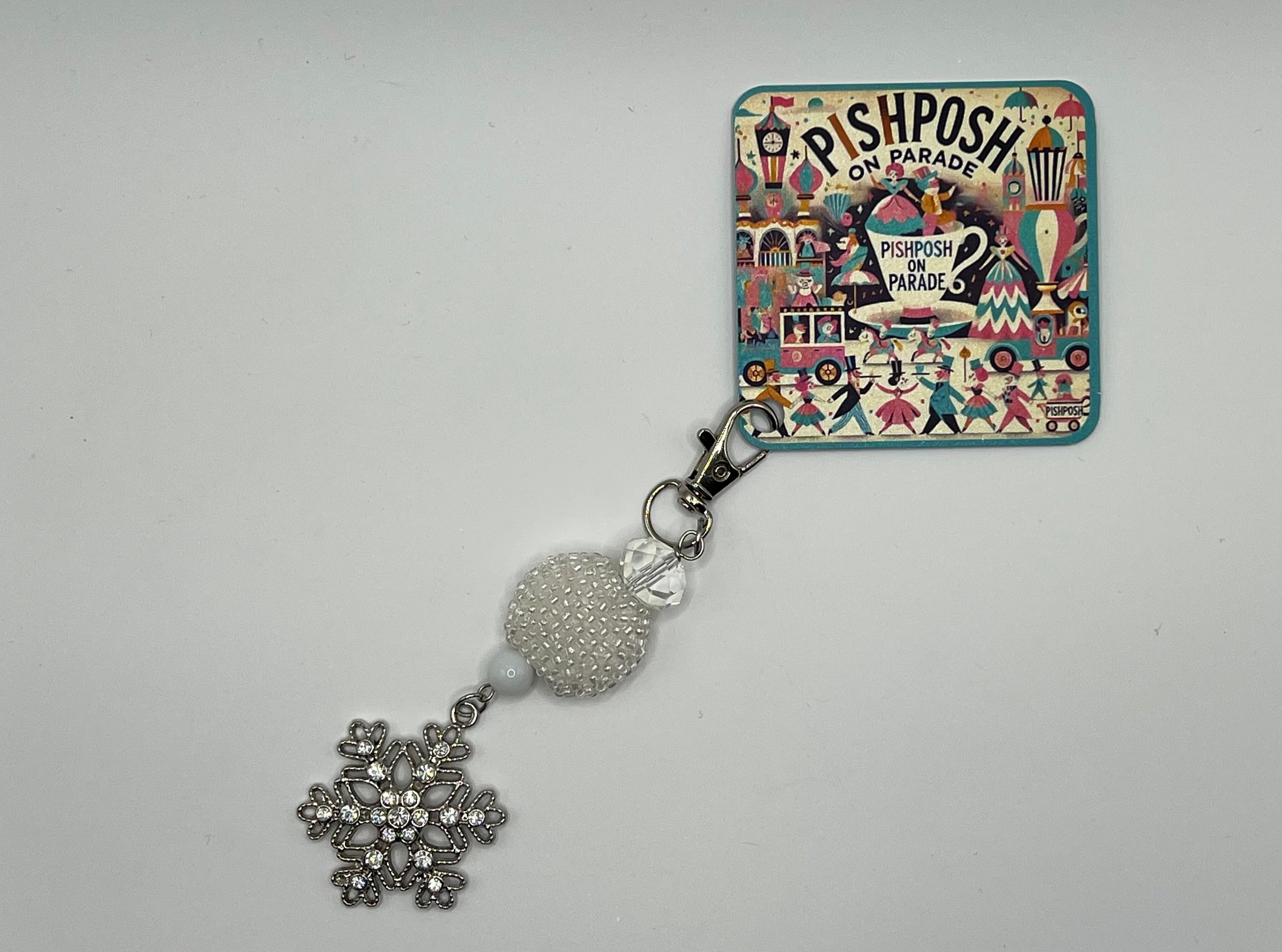 Silver Rhinestone Snowflake With Large flat White Multi-Beaded Bead - Charm / Bag Zipper Pull
