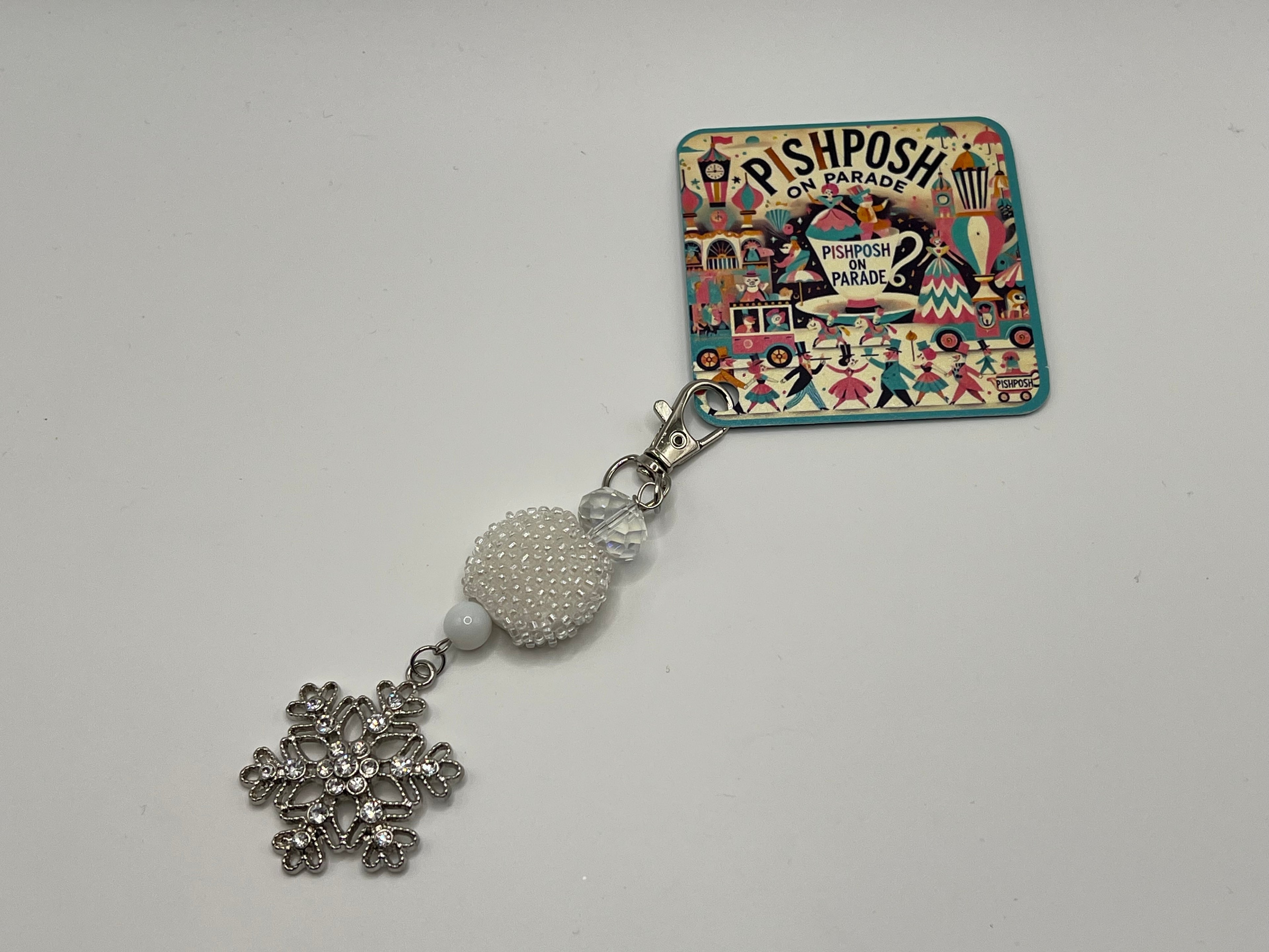 Silver Rhinestone Snowflake With Large flat White Multi-Beaded Bead - Charm / Bag Zipper Pull