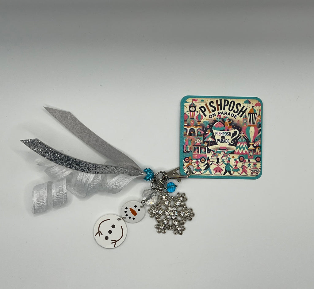 Snowman with Rhinestone Snowflake and Shiny + Curly White Ribbon - Charm / Bag Zipper Pull