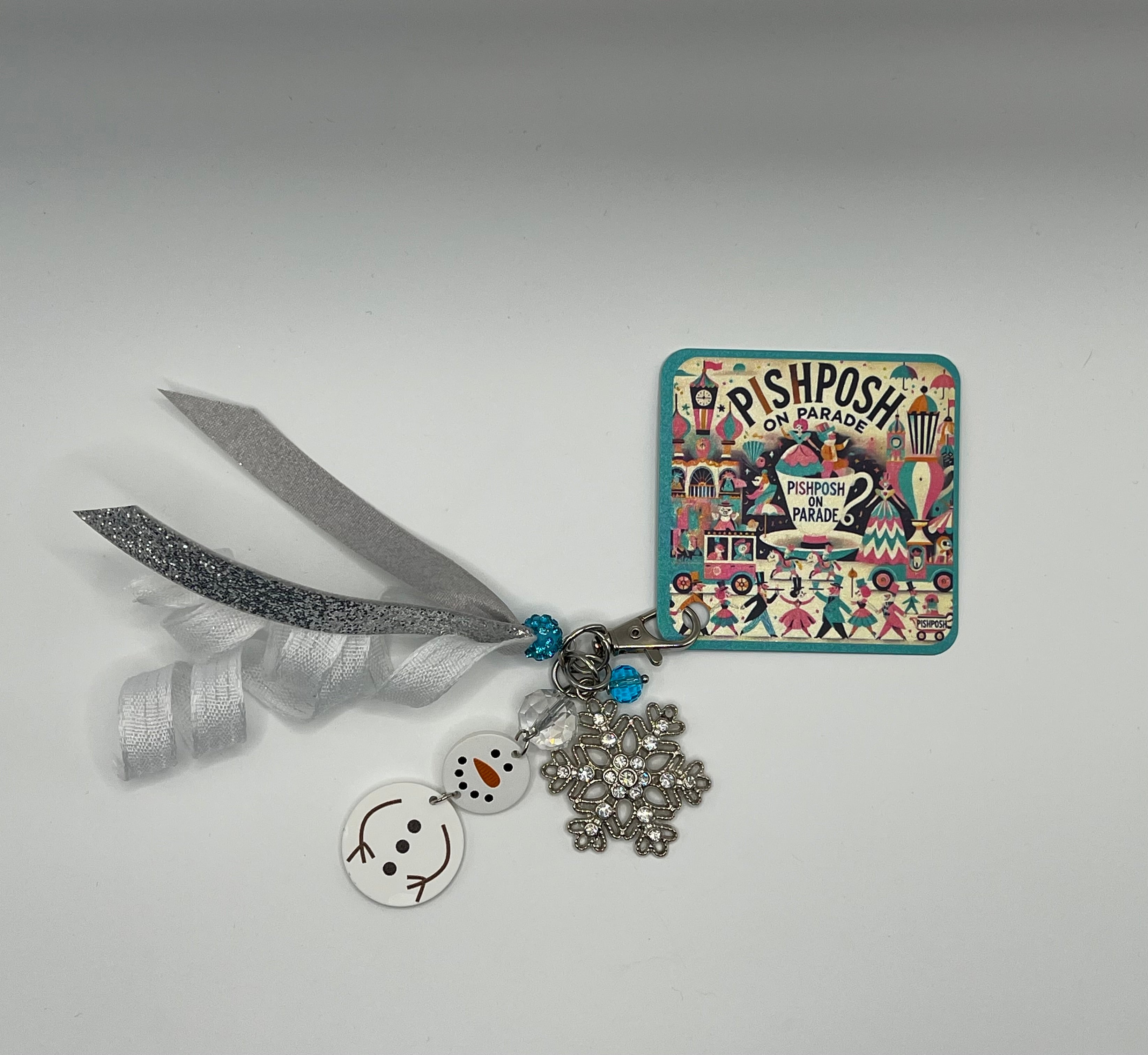Snowman with Rhinestone Snowflake and Shiny + Curly White Ribbon - Charm / Bag Zipper Pull