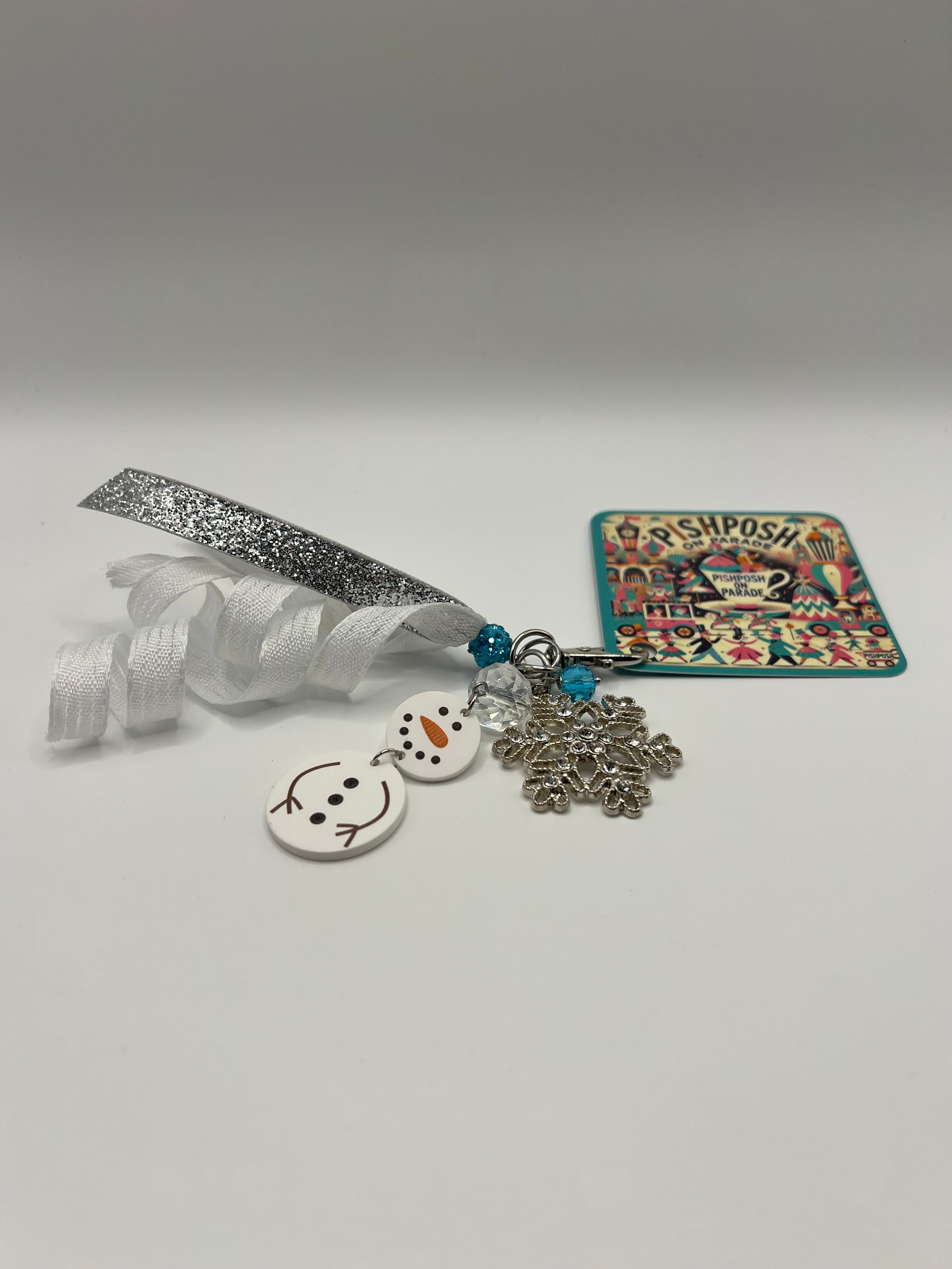 Snowman with Rhinestone Snowflake and Shiny + Curly White Ribbon - Charm / Bag Zipper Pull