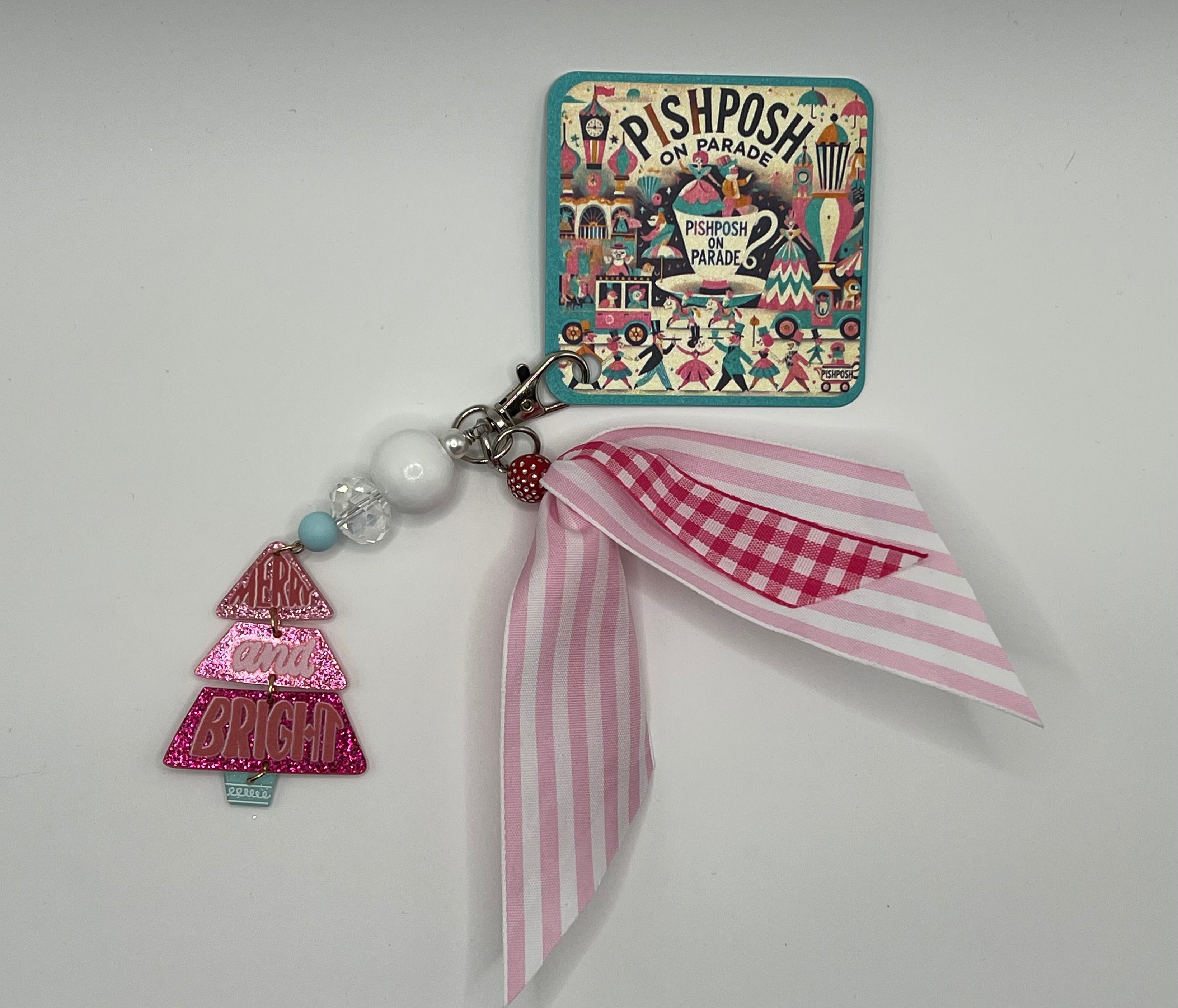 Merry and Bright Pink Christmas Tree with bead and pastel ribbons - Charm / Bag Zipper Pull