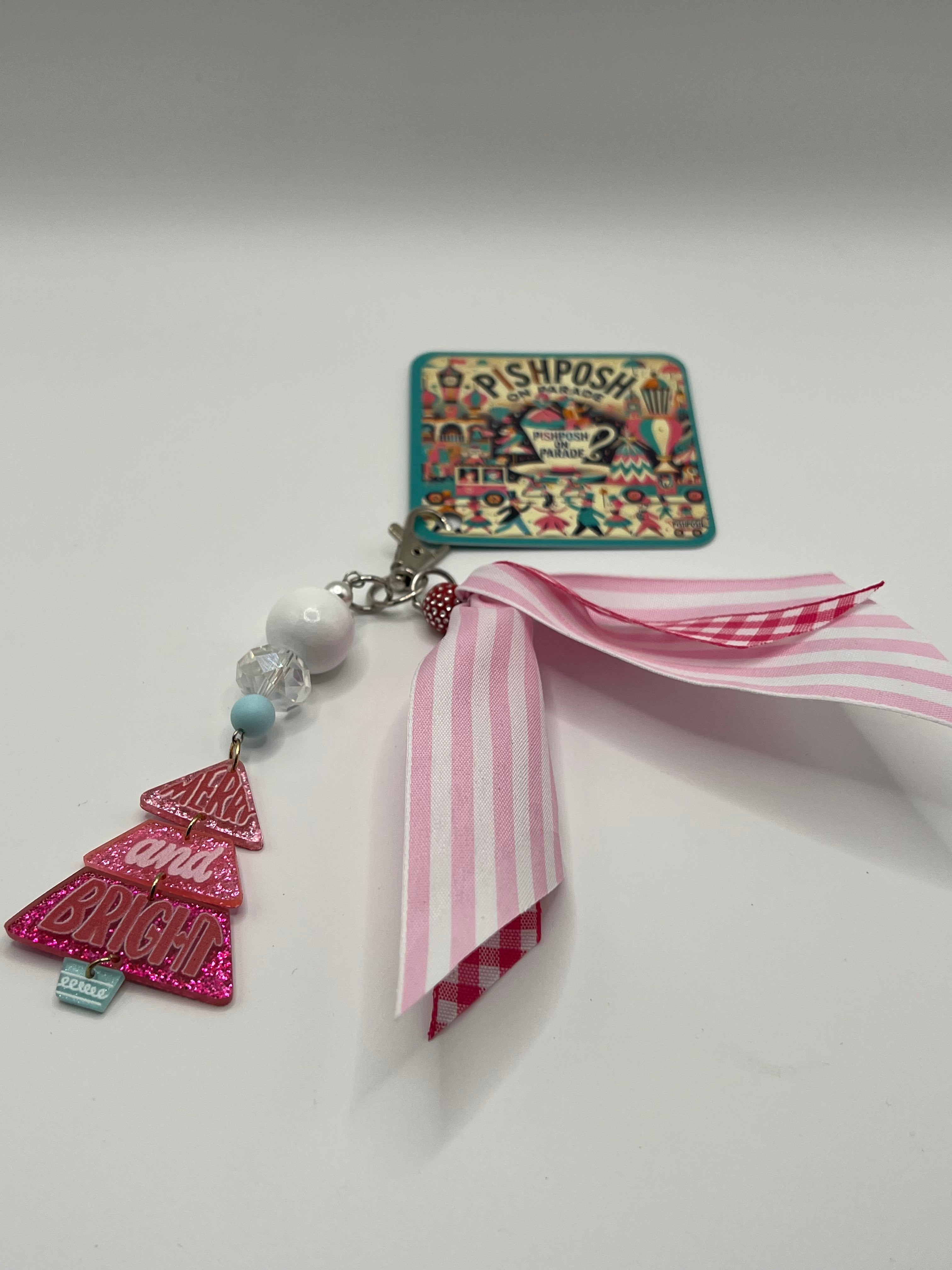 Merry and Bright Pink Christmas Tree with bead and pastel ribbons - Charm / Bag Zipper Pull