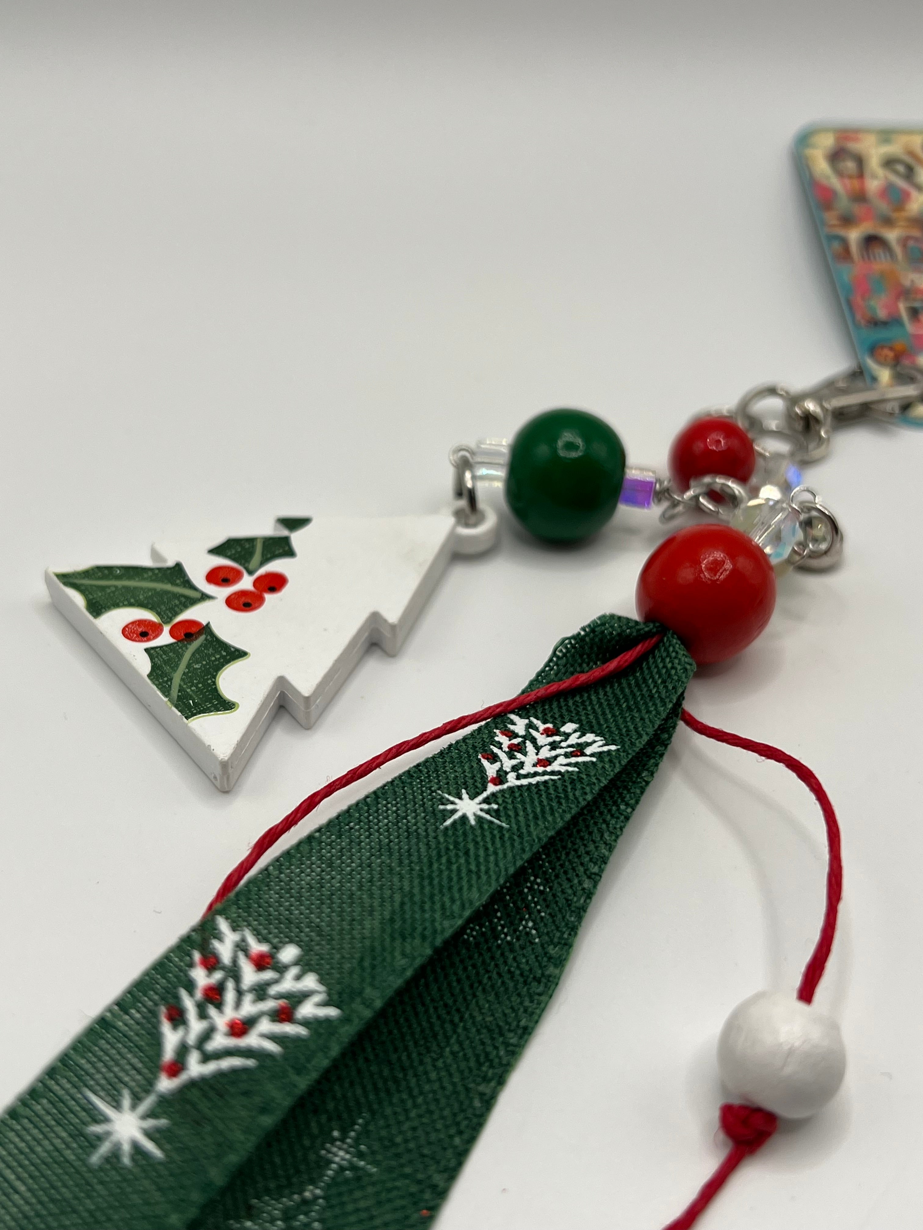 White Christmas tree with holly, green and red beads and green decorative ribbon - Charm / Bag Zipper Pull