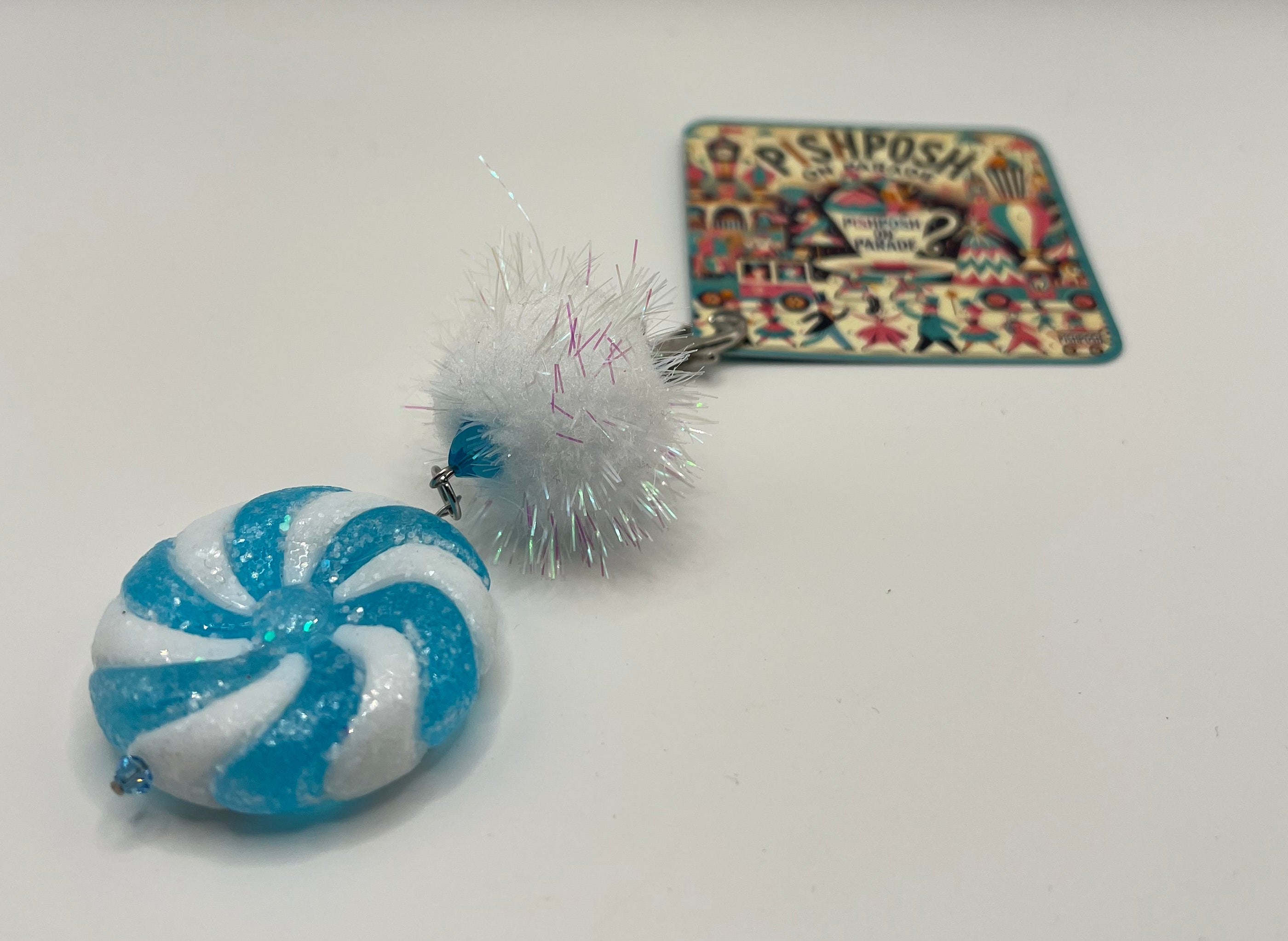 Blue and White “candy” swirl with Fairy puff - Charm / Bag Zipper Pull
