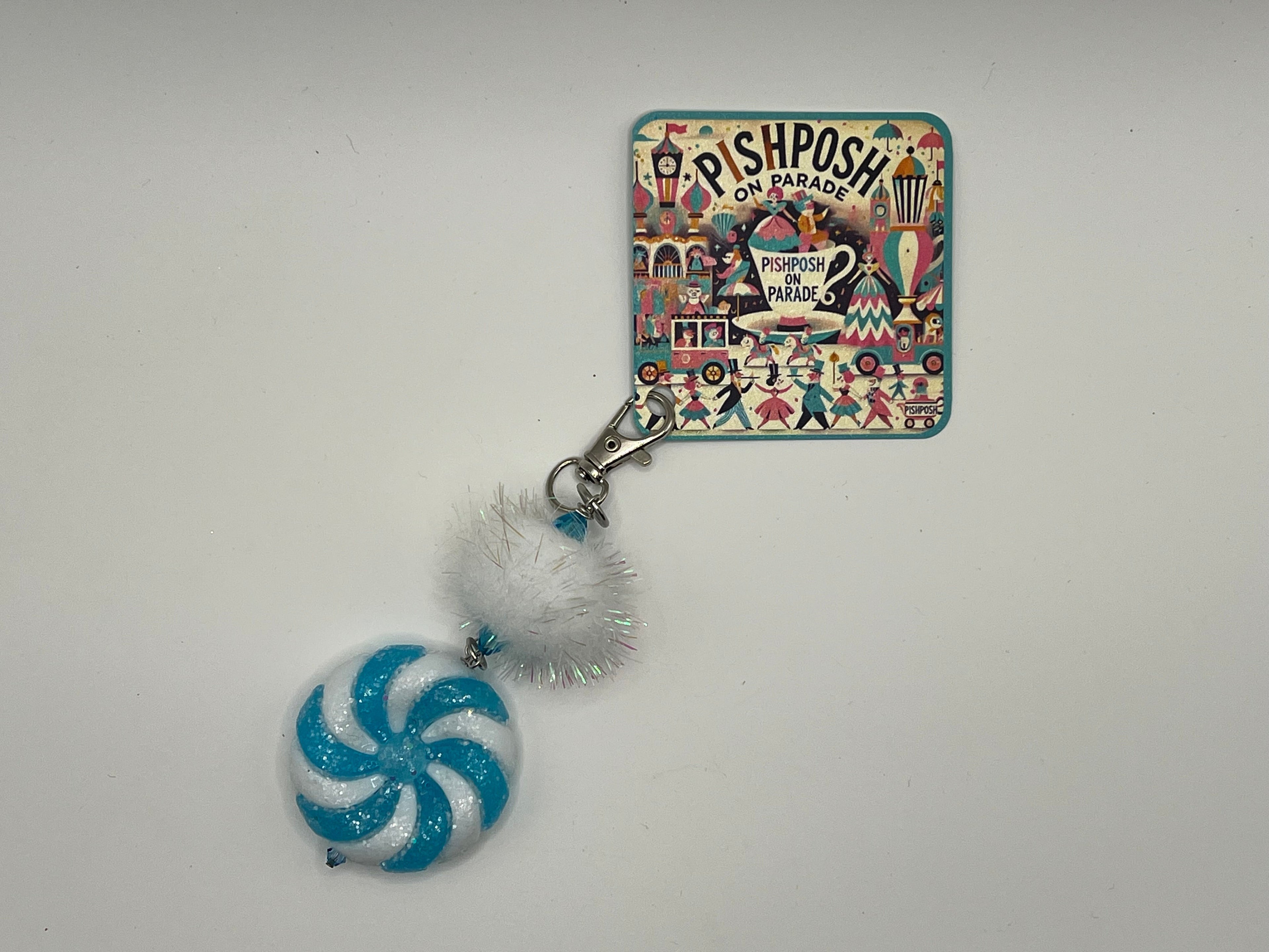 Blue and White “candy” swirl with Fairy puff - Charm / Bag Zipper Pull