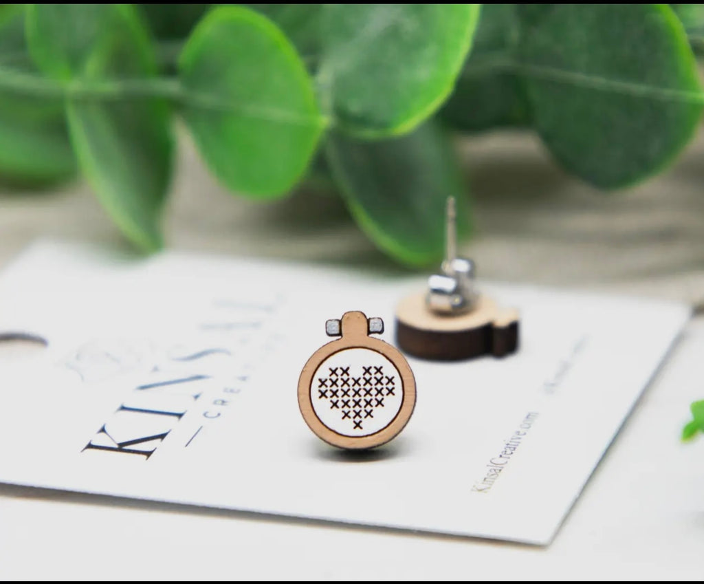 Wooden Cross Stitch Stud Earrings
