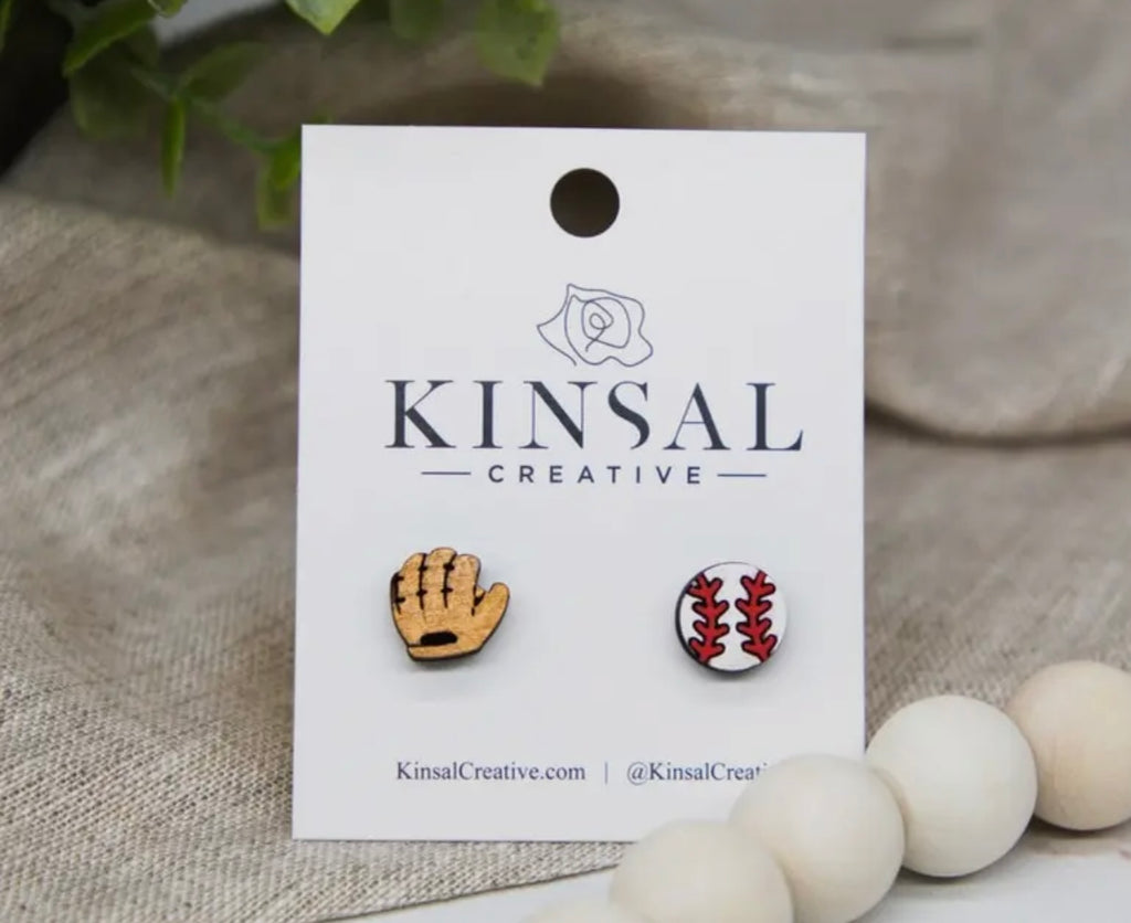 Baseball Glove and Ball Wood Stud Earrings