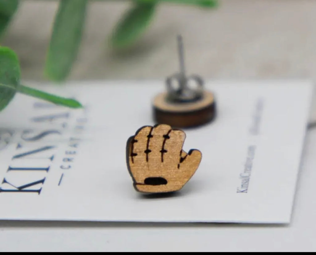 Baseball Glove and Ball Wood Stud Earrings