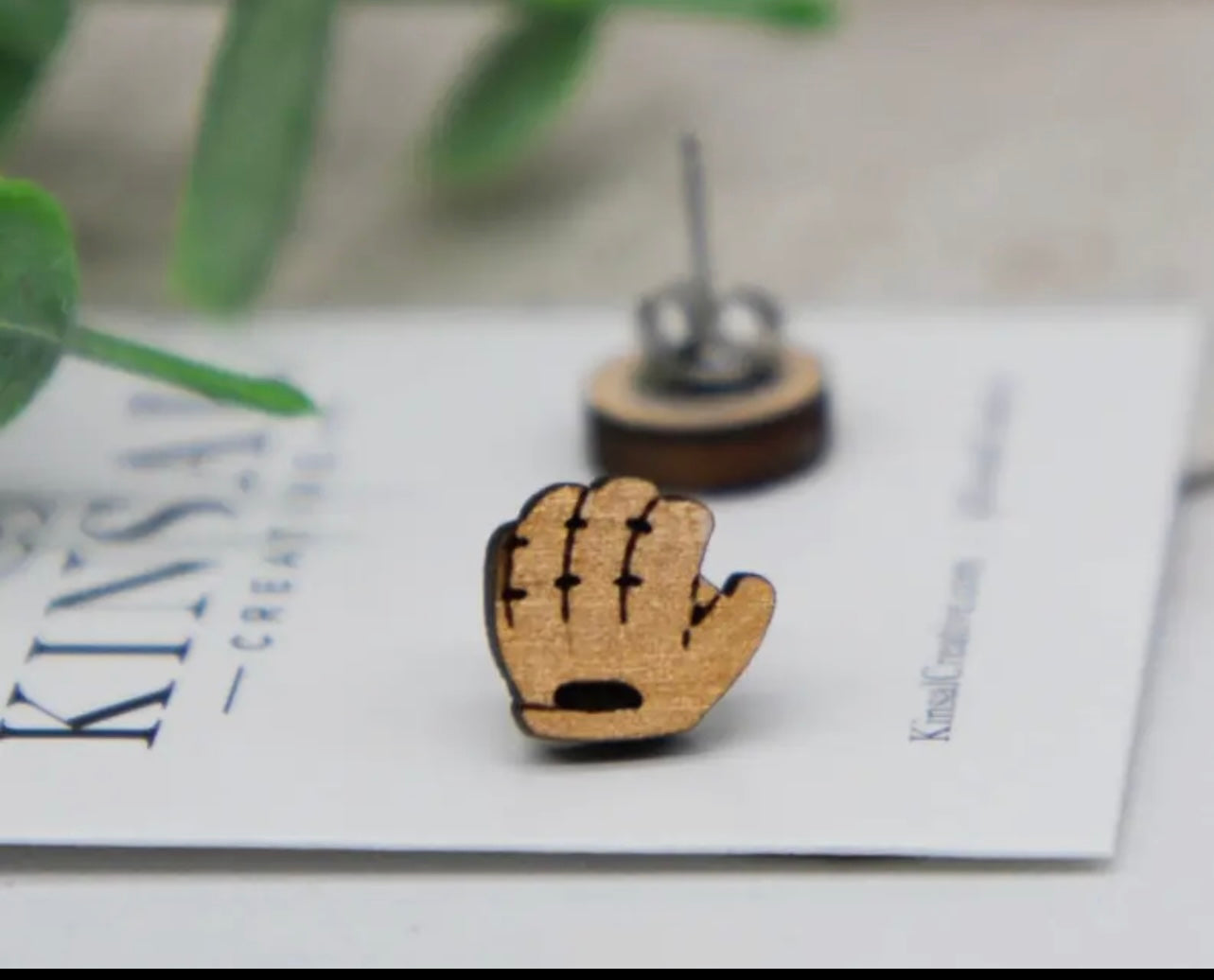 Baseball Glove and Ball Wood Stud Earrings